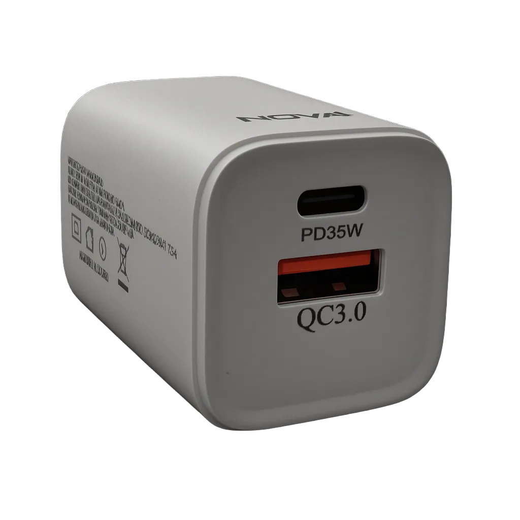 CARGADOR DE PARED NOVA PA035RBU001C 35W 1 PUERTO USB-C Y 1 PUERTO USB-A CARGA RAPIDA BLANCO